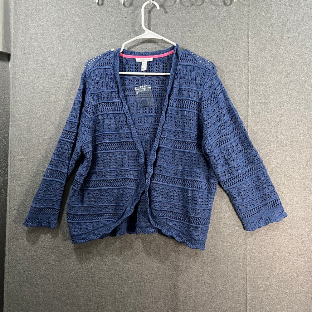 Isaac Mizrahi LIVE! Pointelle 3/4 Sleeve Crochet Sweater Shrus Evening Blue L